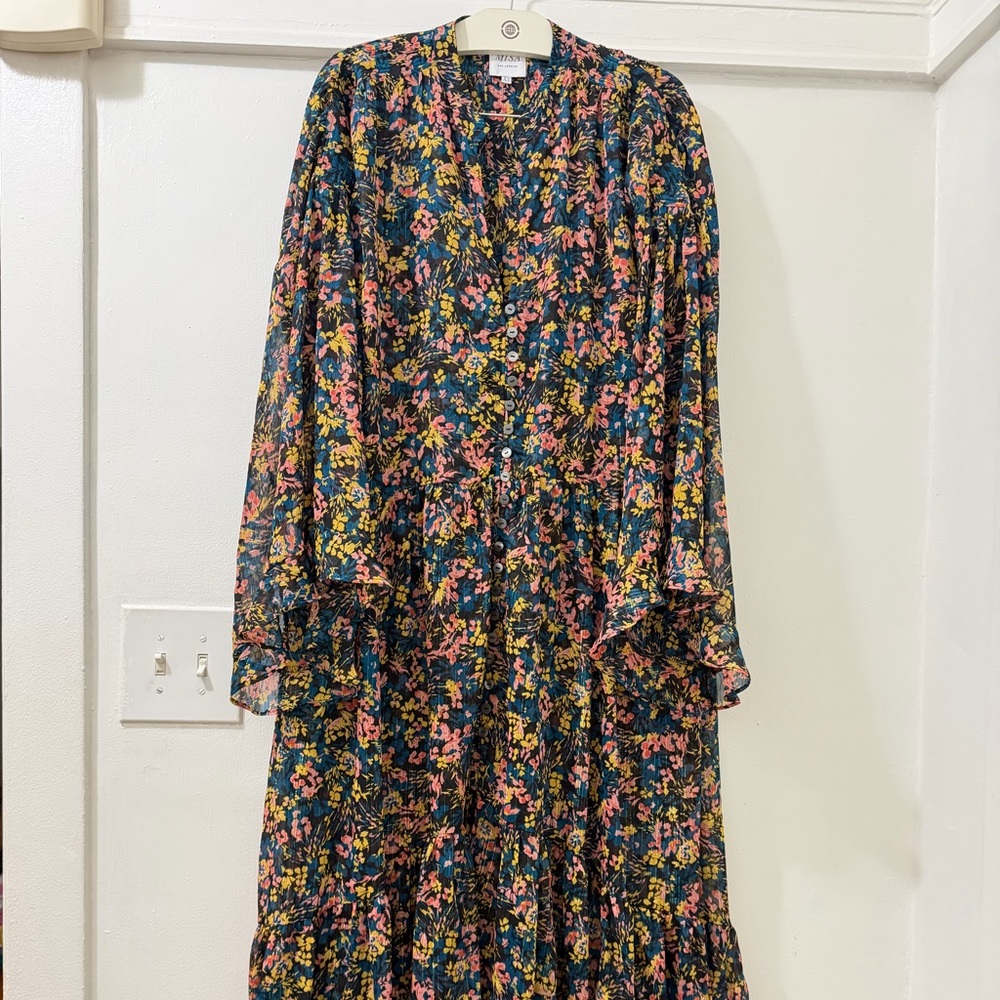 Misa LA Floral Tiered Midi Dress in Navy with Pink & Yellow Blooms